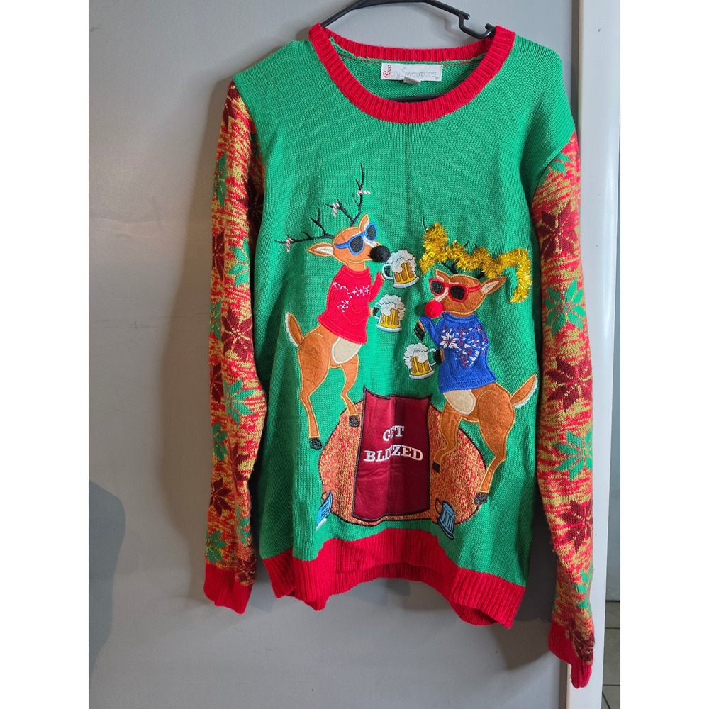 Jolly Sweaters Get Blitzed Reindeer Beer Ugly Christmas Sweater Green Mens Large